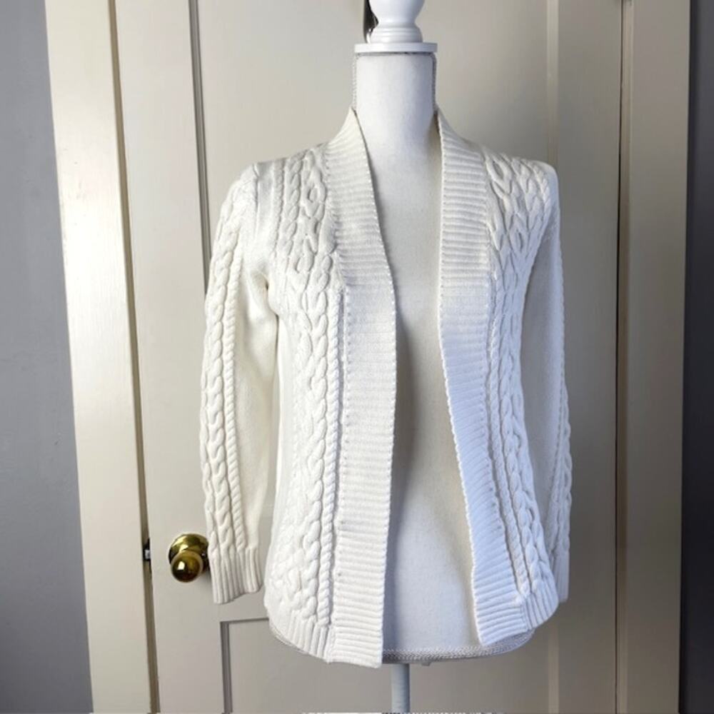 L.L.Bean White Cable Knit Cardigan Sweater Petite Cotton XS Petite Heritage Prep